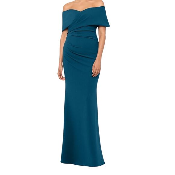 Betsy & Adam Tanya long off the shoulder scuba crepe dress size 10 - Picture 1 of 8